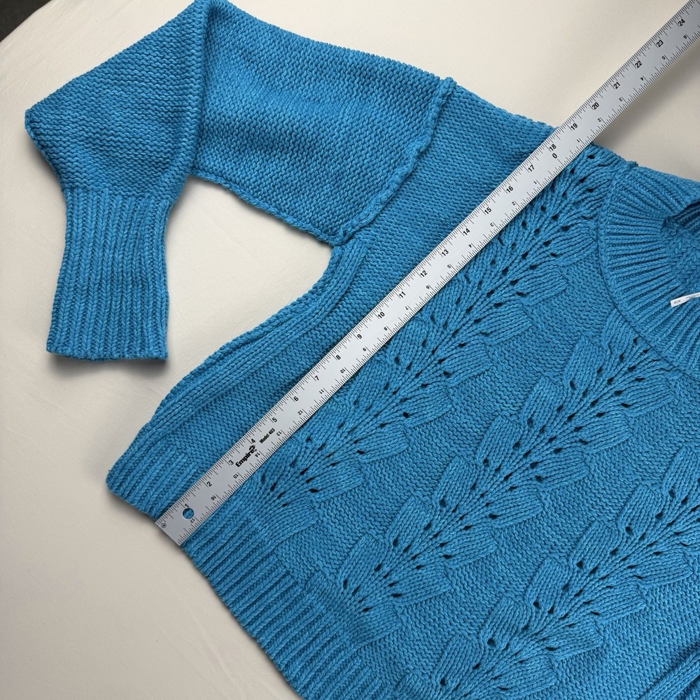 Free People Sweater Womens Medium Blue Cutting Edge Cotton Cable Boxy Cropped - Picture 5 of 6